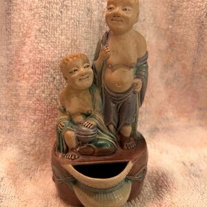 Vintage Asian Bisque Figurine - 2 men and fountain,perfect, 5”H, 2.5”W, stamped.